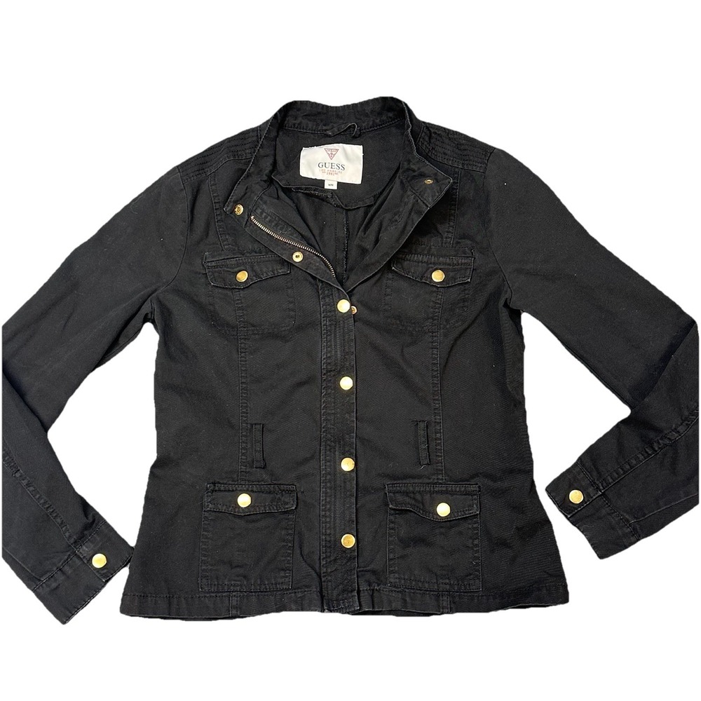 Guess Jacket Women's M Biker Moto Full Zip Snap Canvas 100% Cotton Triangle Logo - Picture 1 of 11